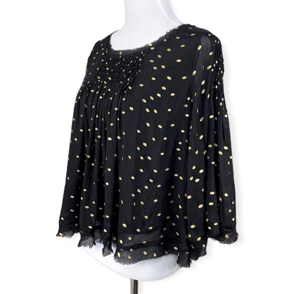 Anthropologie Floreat Everafter Black Gold Polka Dot Bell Sleeve Swing Blouse - Picture 6 of 14